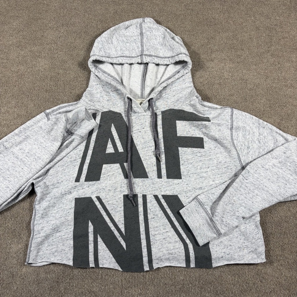 Abercrombie & Fitch Cropped Hoodie Womens Medium Heather Gray AF NY Logo Raw Hem
